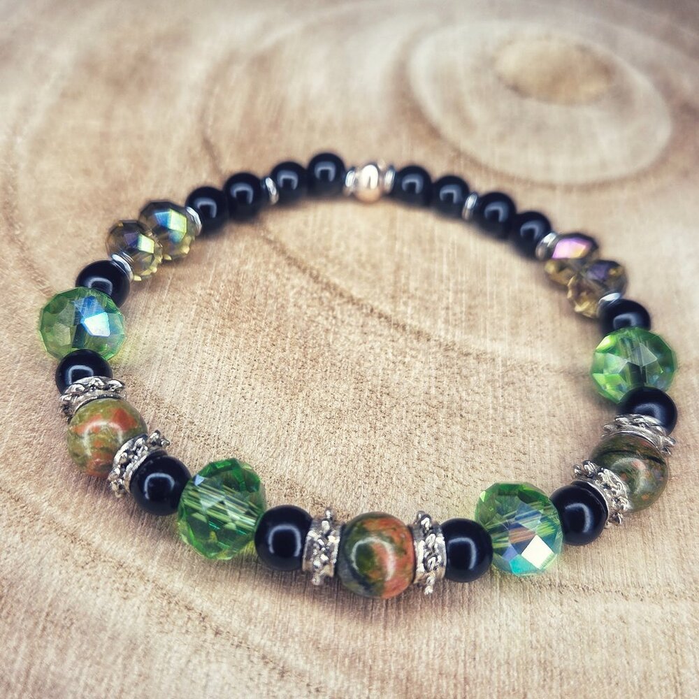 Unakite Gemstone Beaded Stretch Bracelet with Black & Green Accent Beads
